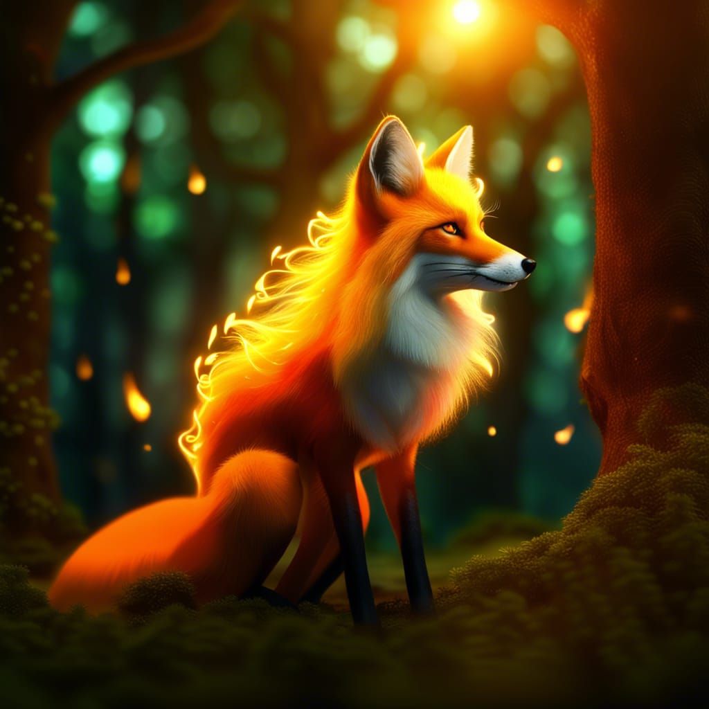 Mystical Orange Fox with Ethereal Flames in Enchanted Forest