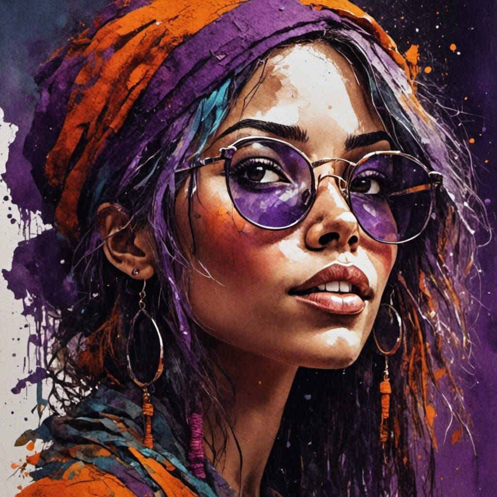 a profile portrait of a bohemian female wearing unique glass...