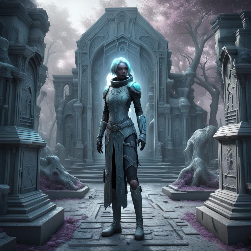 Techno drow exploring fantasy graveyard