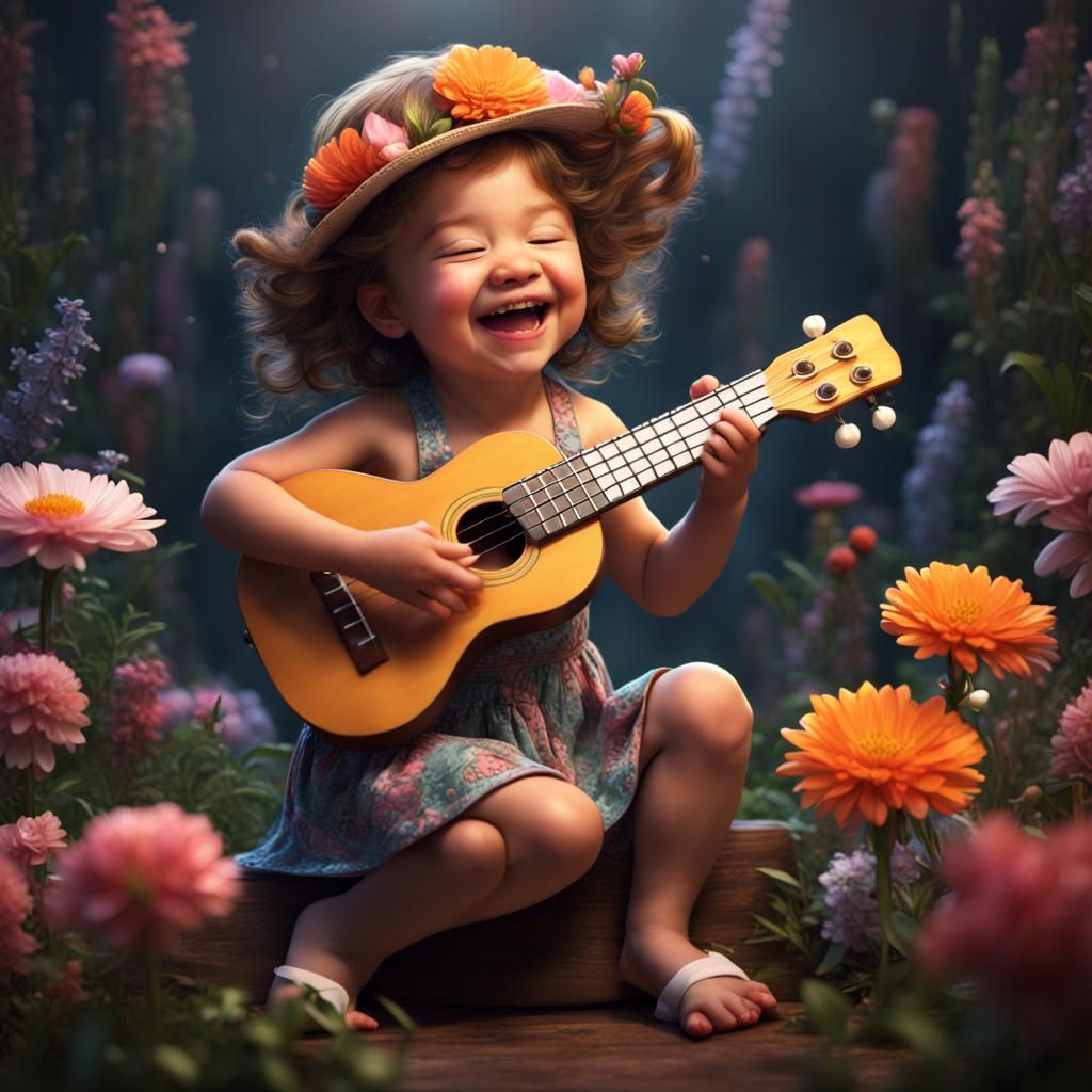 Toddler Plays Ukulele with Flowers: Fantasy Concept Art