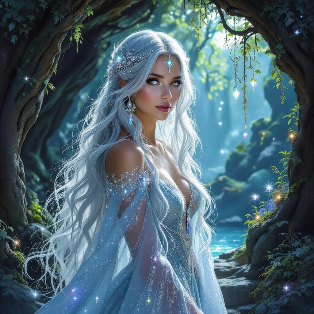 Mystical Woman with Silver Hair in Grotto