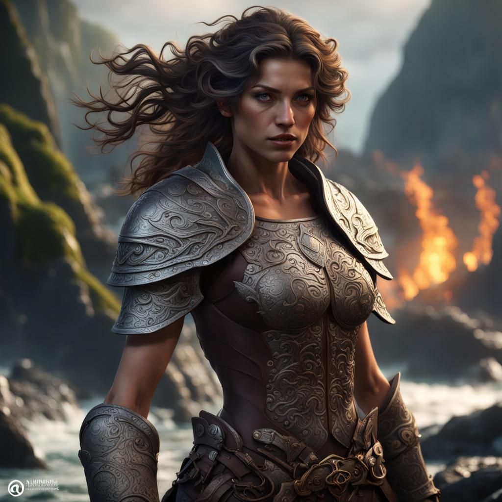 Mythological Amazon Warrior on a Stormy Sea