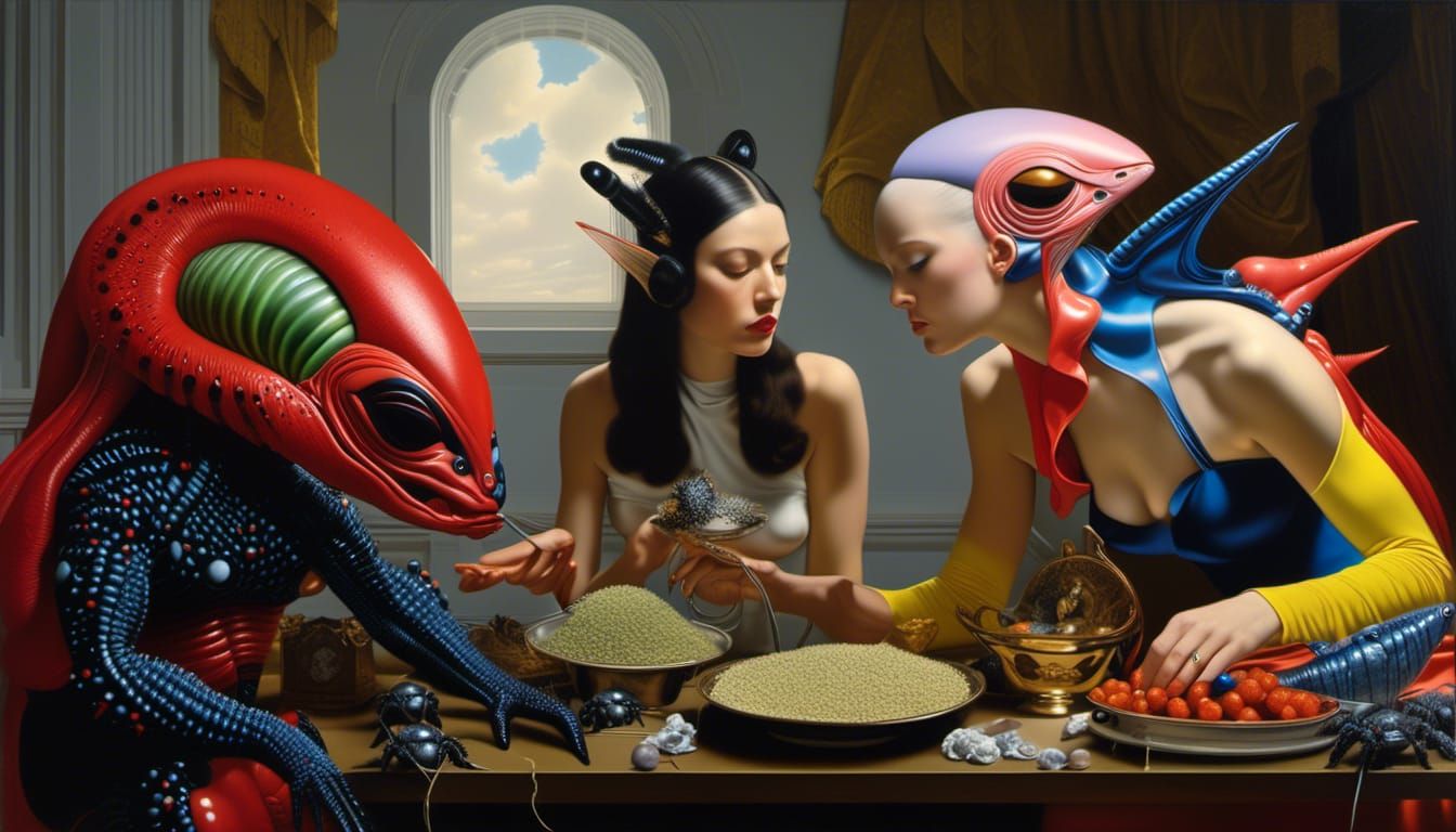 Hyperrealistic Alien Portraits with Pets in Matte Painting