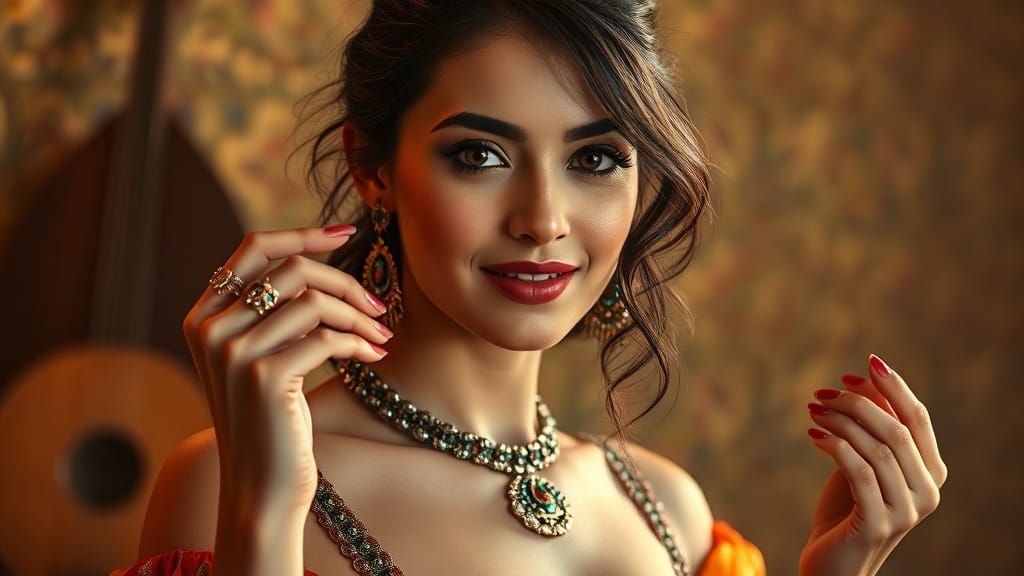 Sultry Social Media Influencer in Arabic Oud-Inspired Art De...