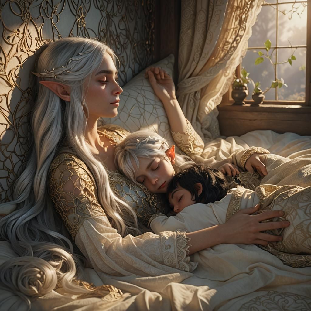 Elf Mother and Child: Dreamlike Digital Painting