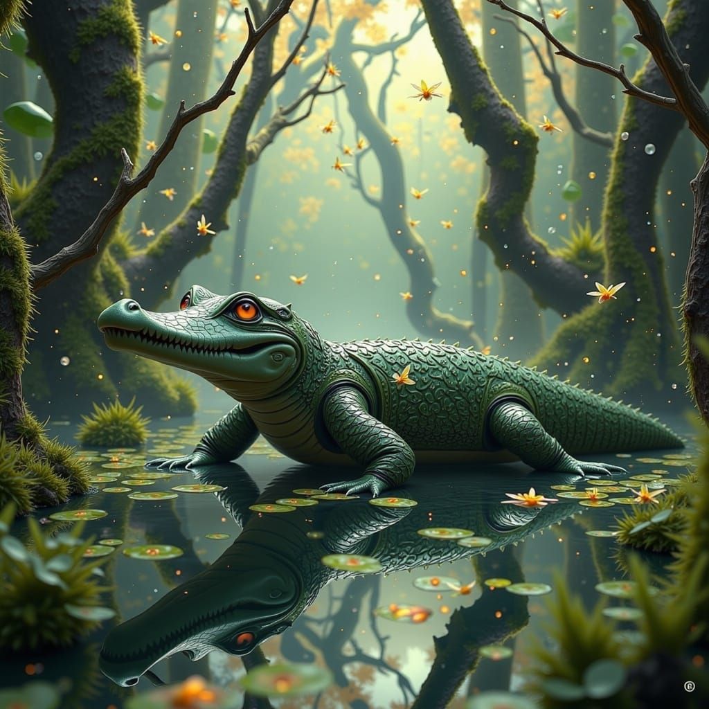 Camouflaged Alligator in Prehistoric Emerald Swamp