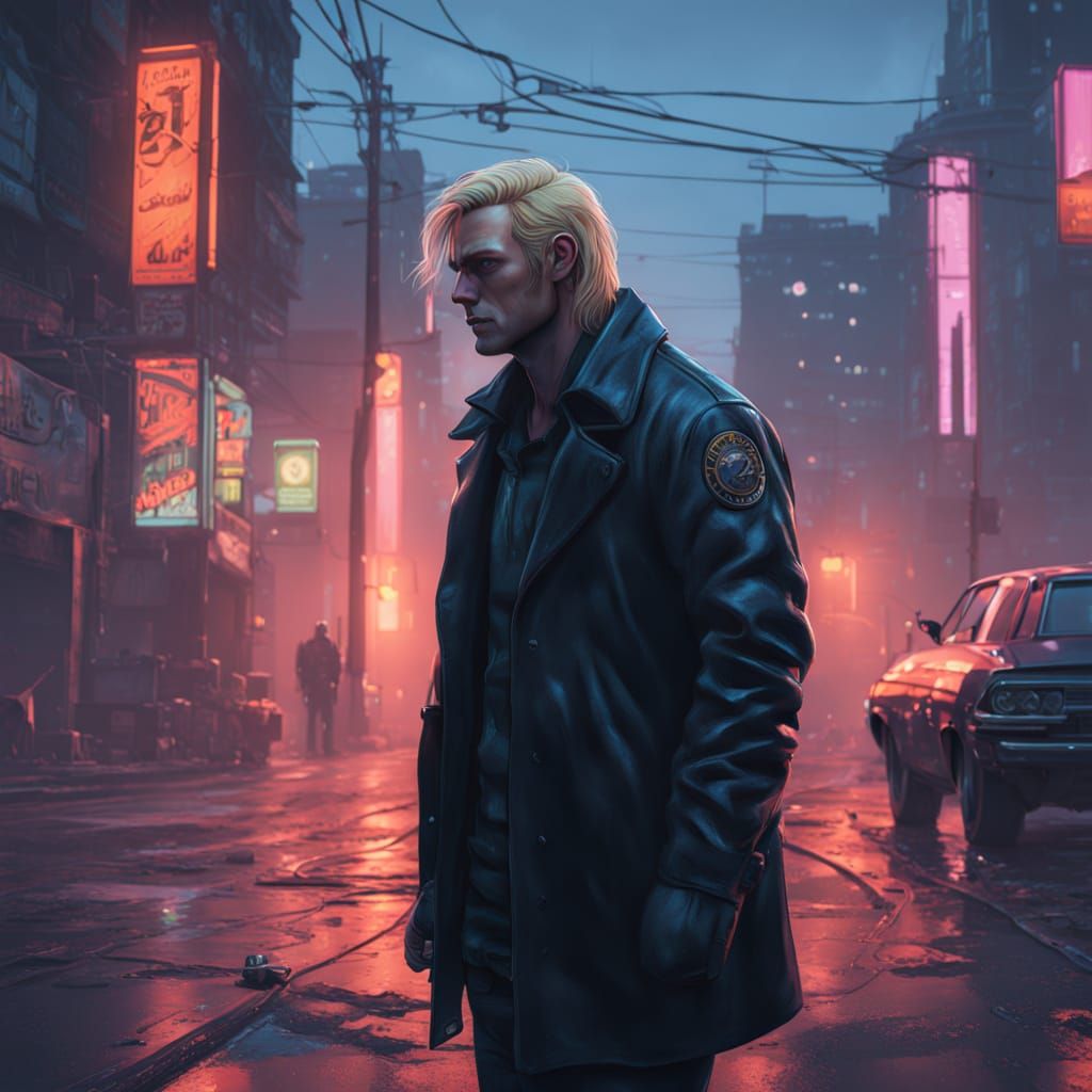 Dark Fantasy Motorcycle Rider in Neon Cityscape