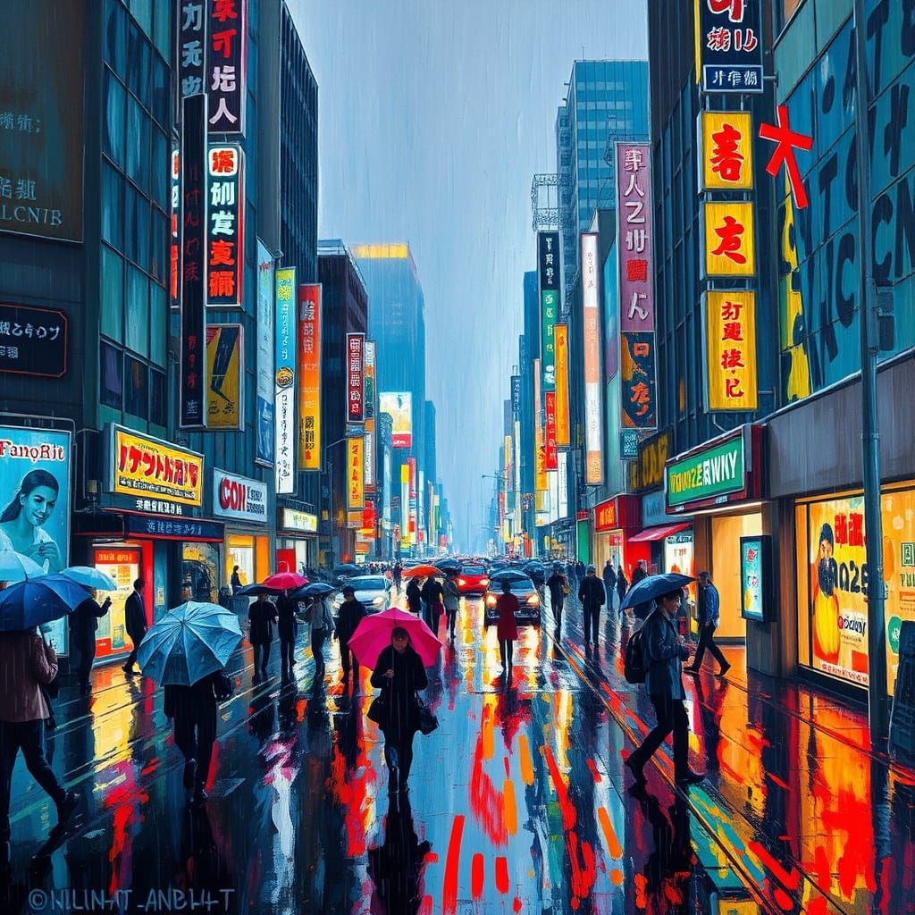 Vibrant Tokyo Streets on a Rainy Day in Neo-Expressionist St...