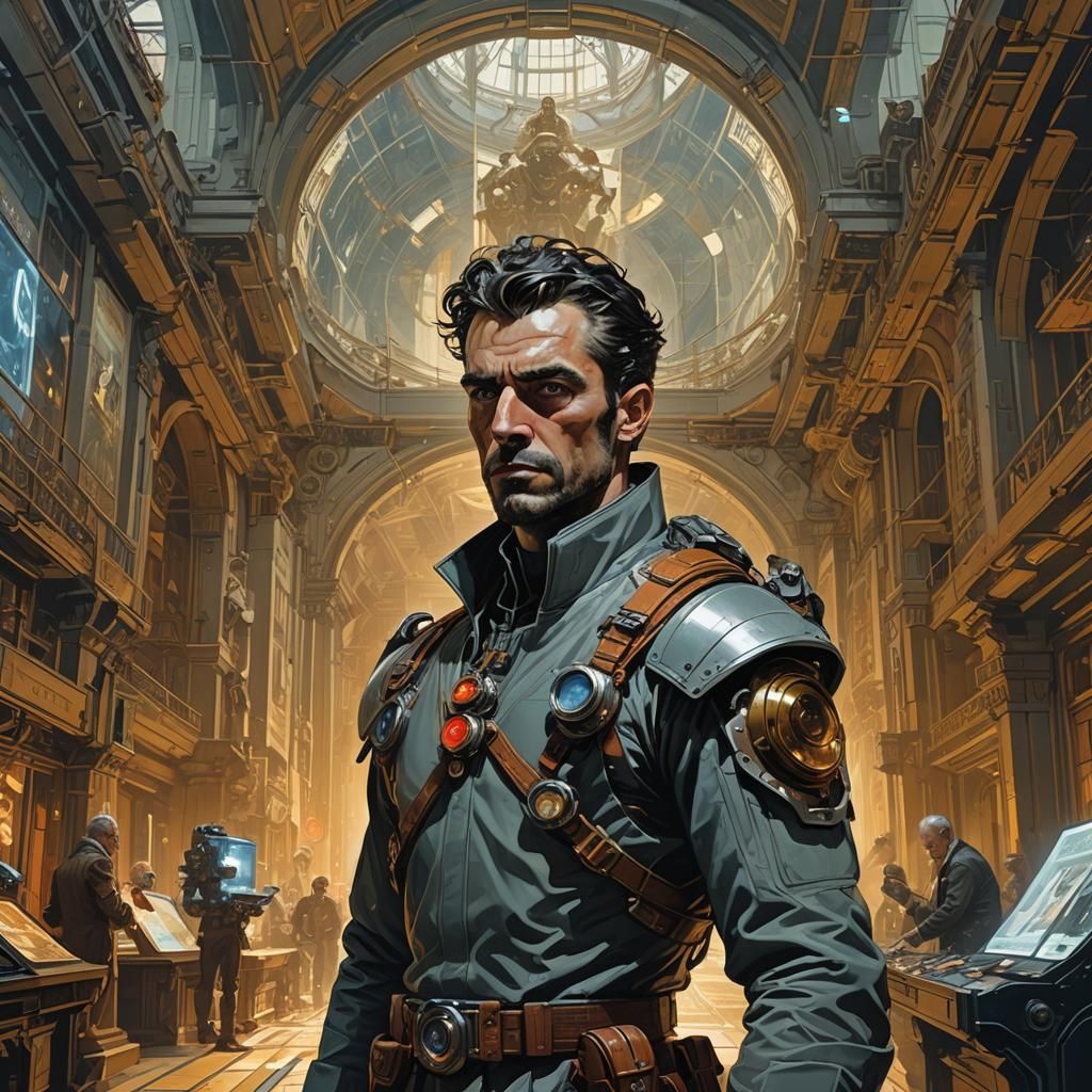 Retrofuturistic Assassin in Baroque Sci-Fi Painting