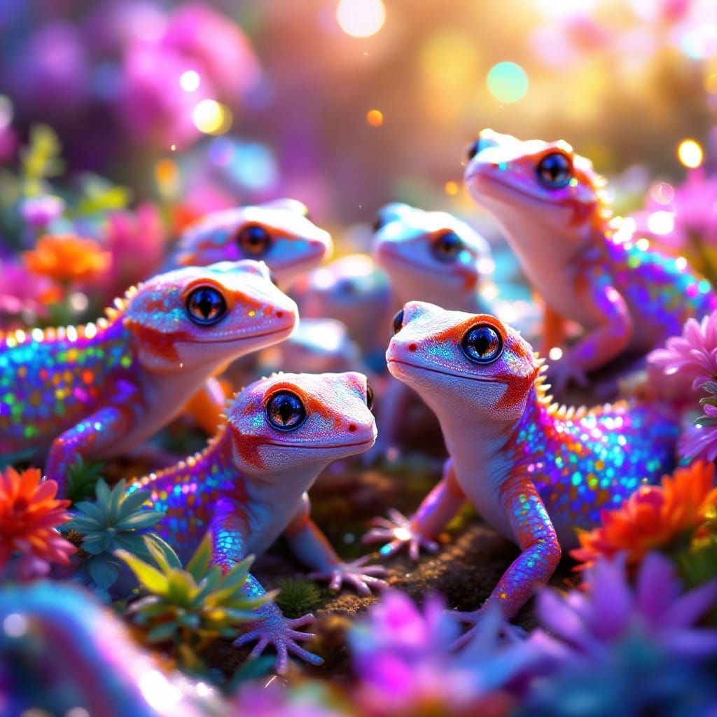 Glittering Rainbow Geckos Gathered in Magical Garden