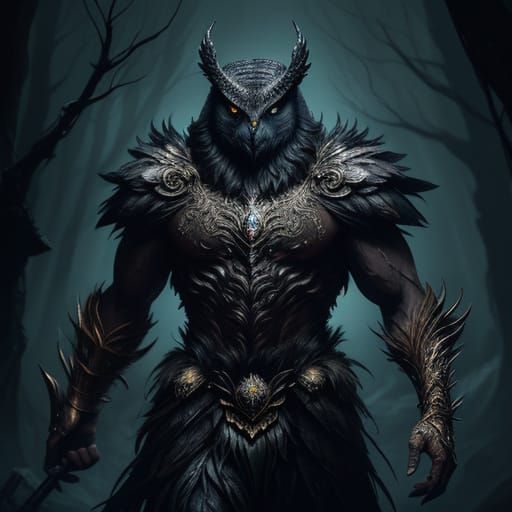 Muscular Owl Creature in Dark Mystical Forest