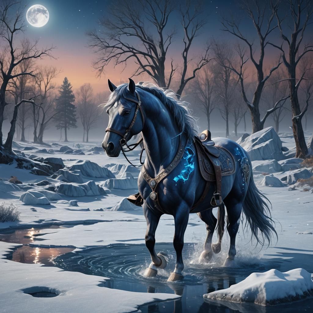 Sapphire Crystal Horse Drinking Under Moonlight