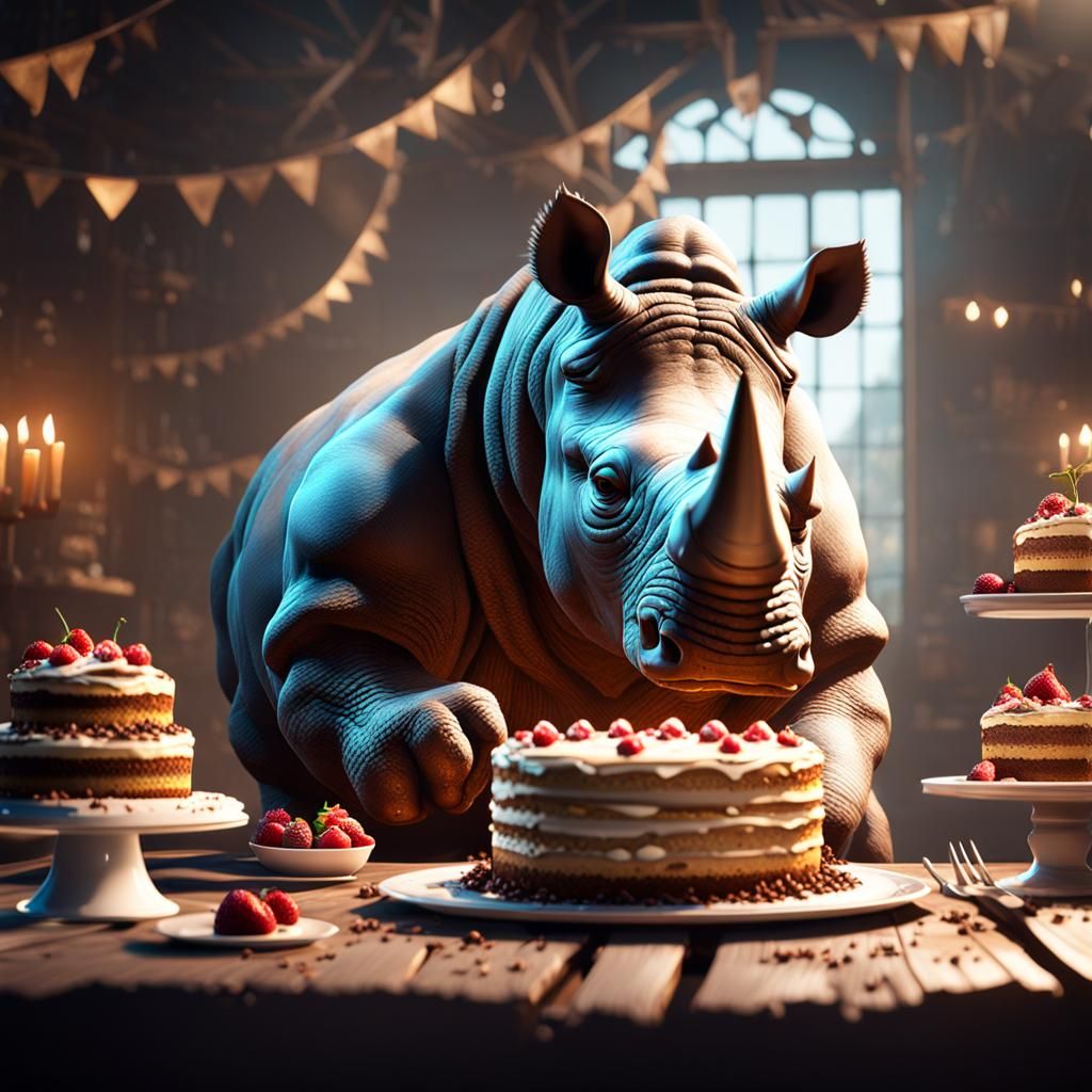 Rhino Eating Cake in 3D Cinematic Style