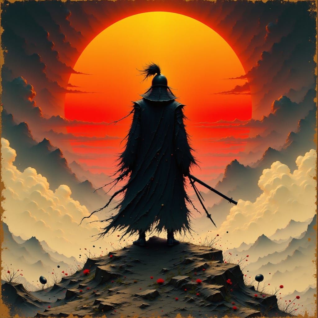 Samurai Silhouette Against Rising Sun: Cinematic Film Still