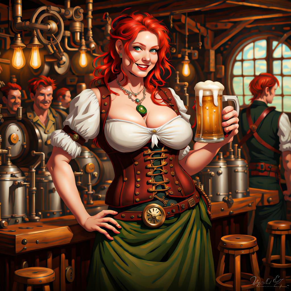 Steampunk Tavern Wench with Tankard and Red Accents
