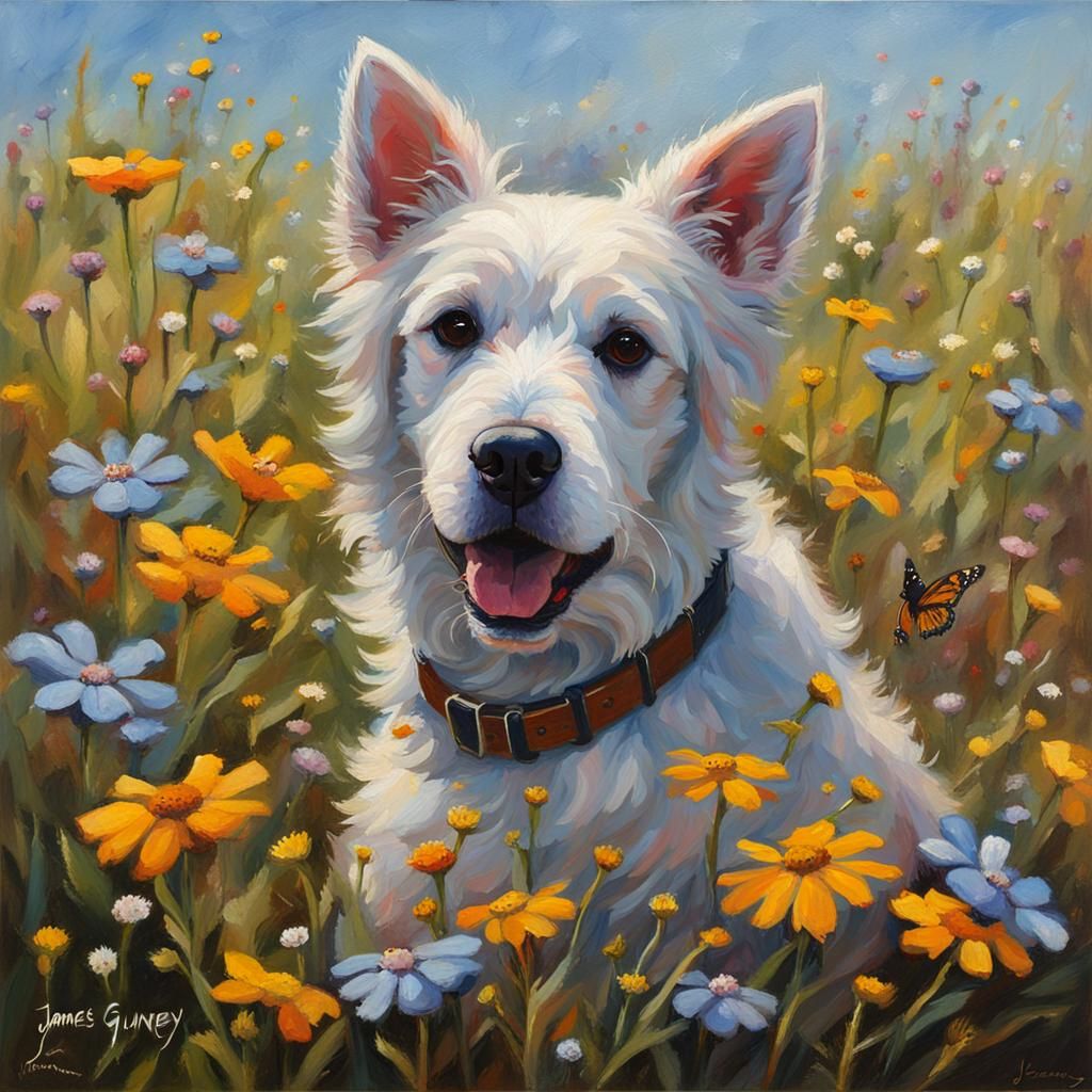 Dog in Wildflower Field, Oil Painting