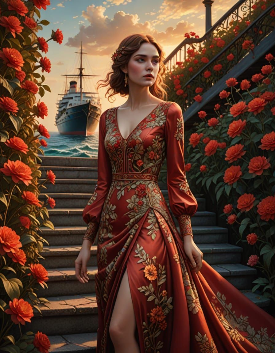 Romantic Pre-Raphaelite Goddess Ascends Staircase in Lush Fl...