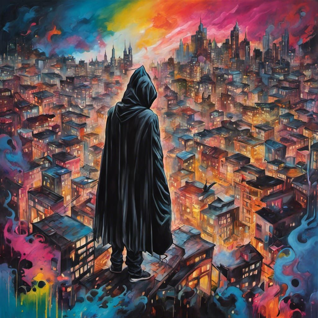 Assassin and Dragon Over Fantasy City: Graffiti Art