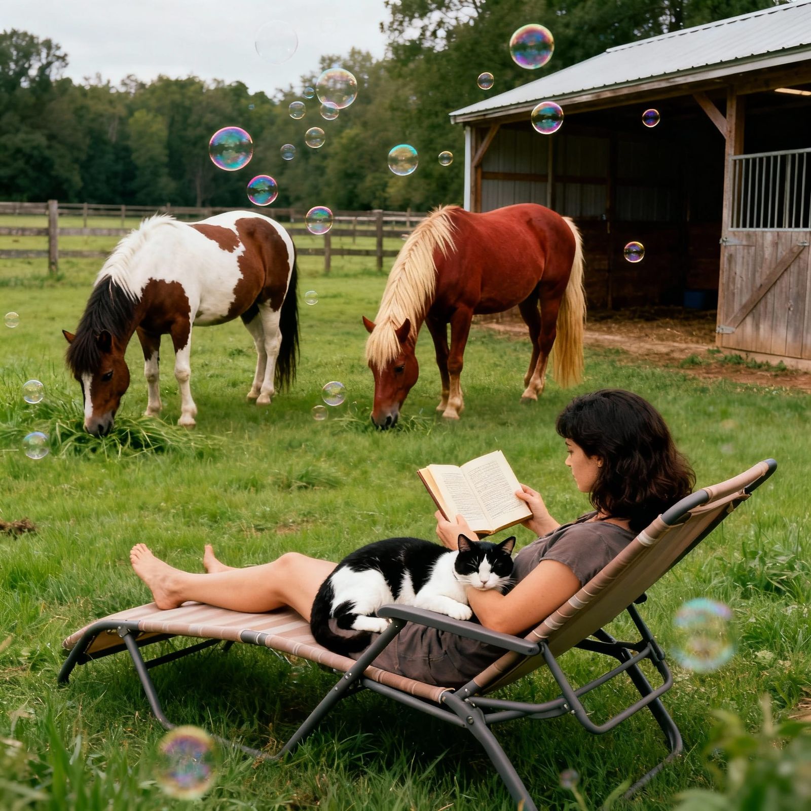 Peaceful Ranch Scene with Woman, Pets, and Horses