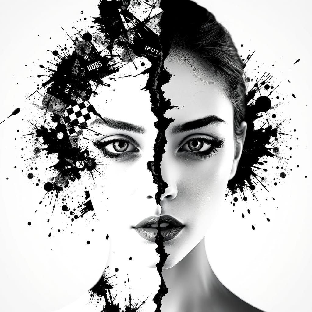 Split Portrait with Ink Splash and Gothic Eyeliner