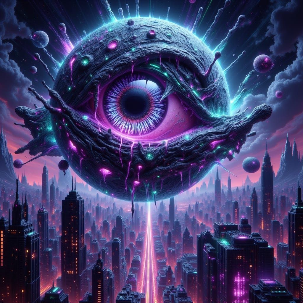 Gigantic Cybernetic Eye Towers Over Futuristic Metropolis in...