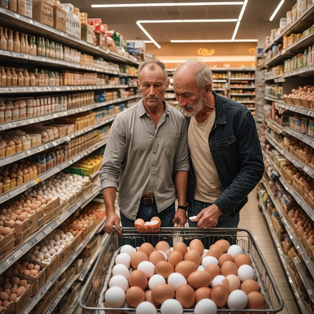 Man, Lost In The supermarket, buying a cartload of eggs