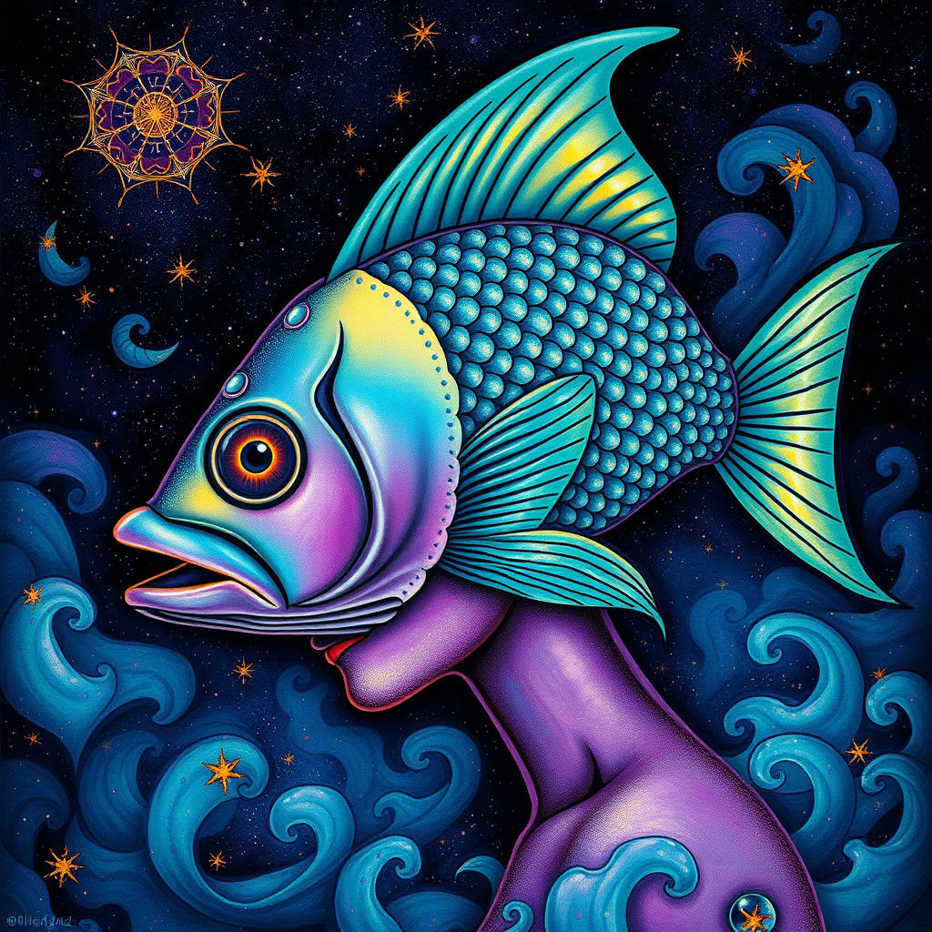 Ethereal Goddess with Iridescent Fish Head in Cosmic Blues