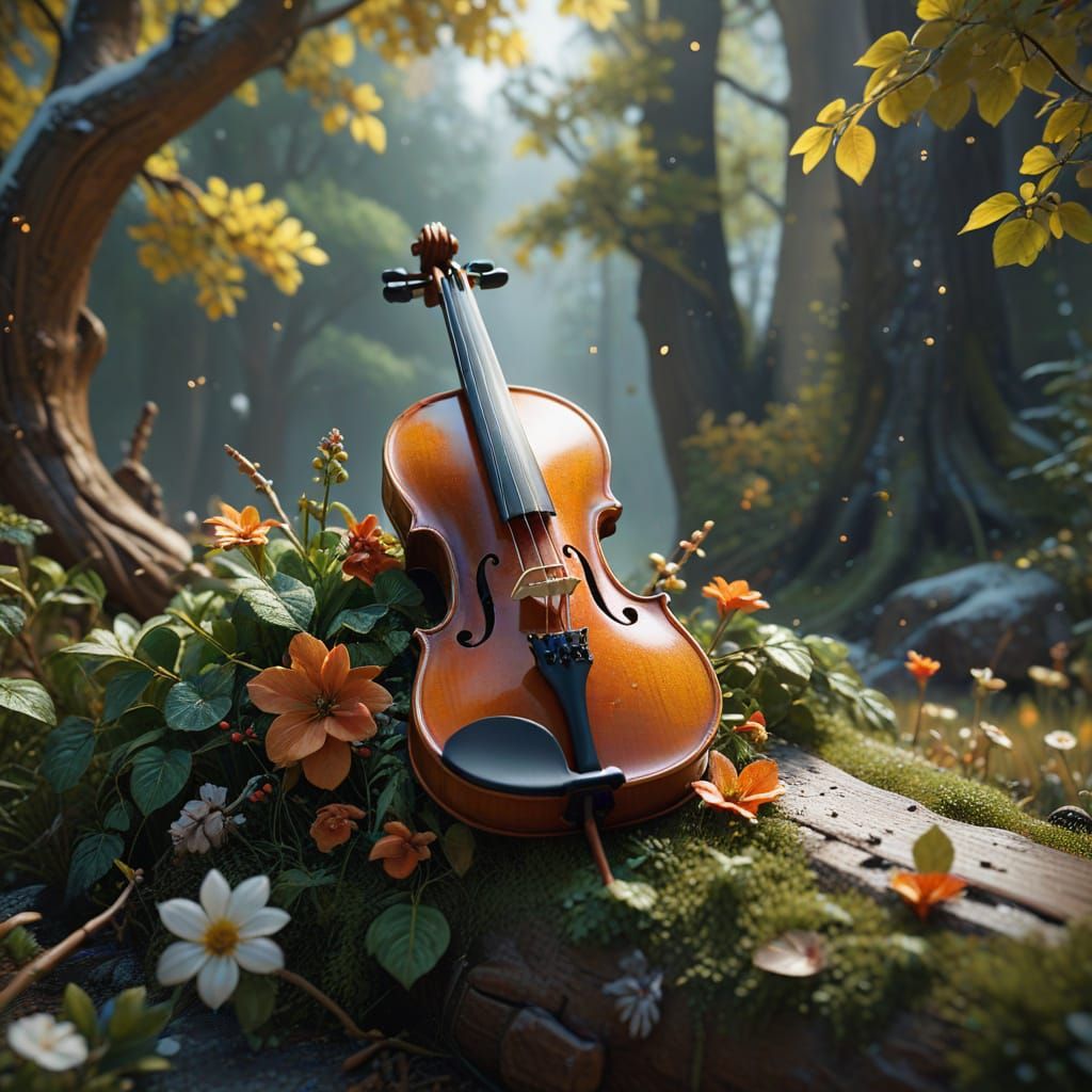 Surreal Violin Seamlessly Blended with Four Seasons Landscap...