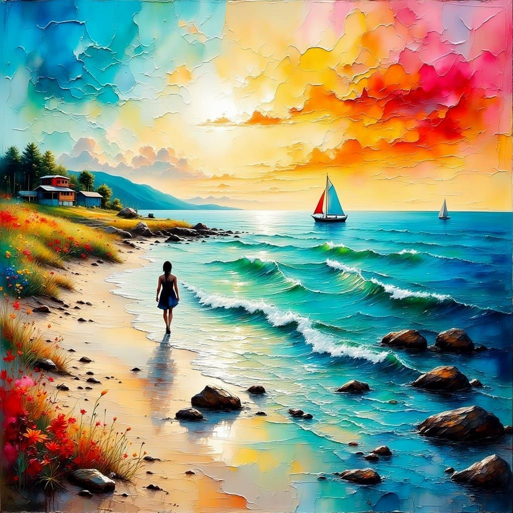 Vibrant Ocean Boat in Impasto Grunge Style