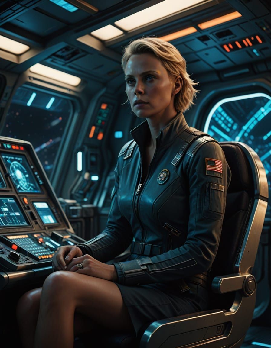 Charlize Theron in a Hyperealistic Spacecraft Interior