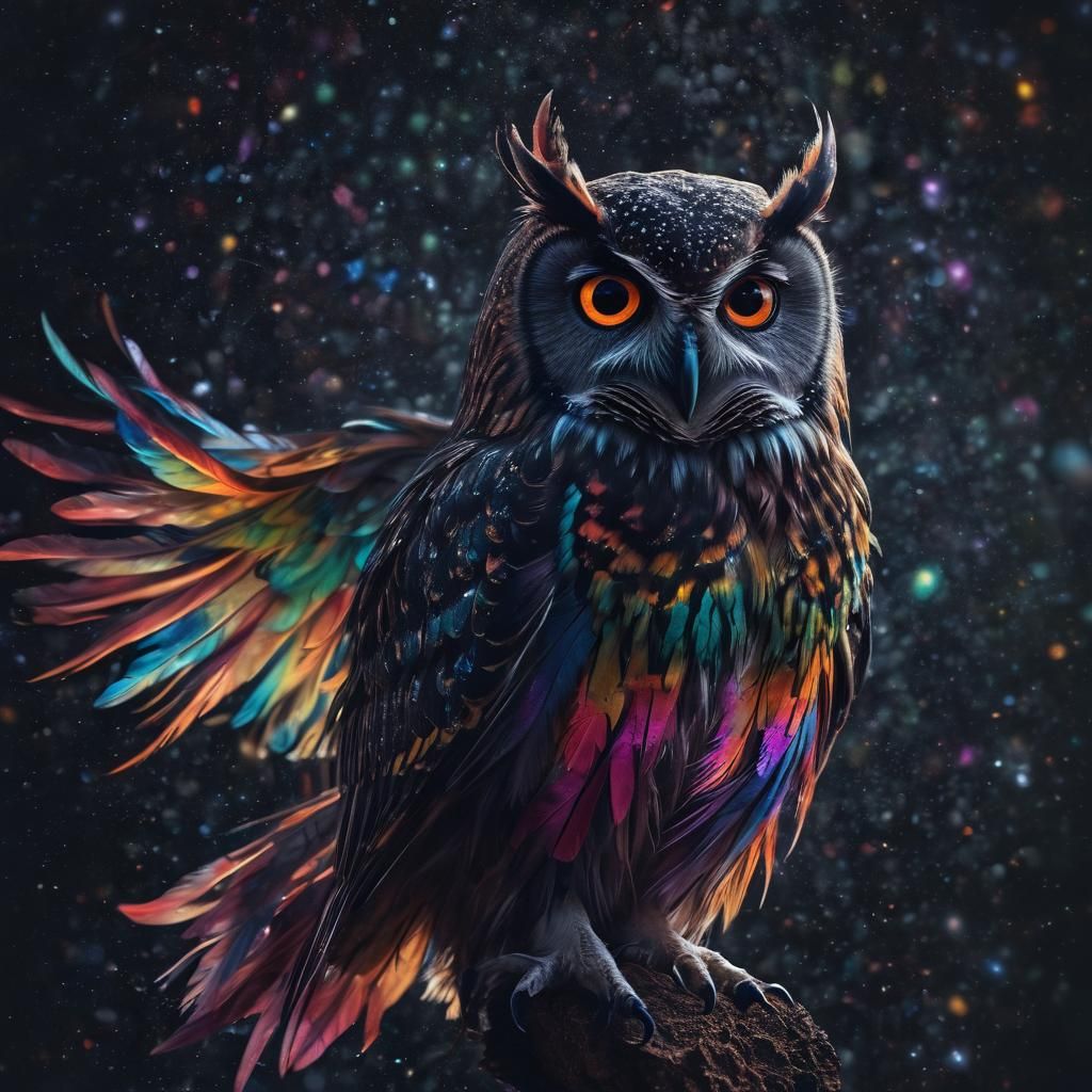 Ethereal Rainbow Owl in Surreal Dreamscape