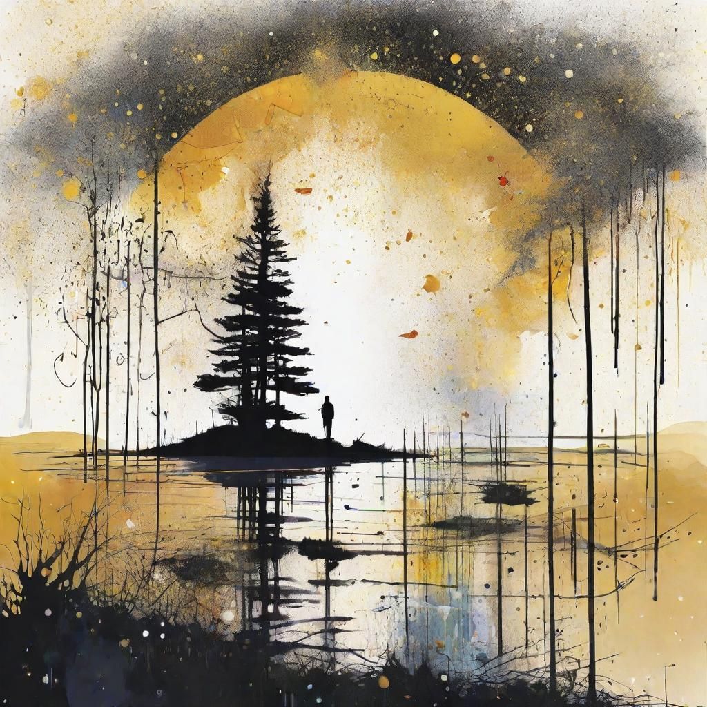 Hooded Figure on Floating Island in Ink Splatter Style