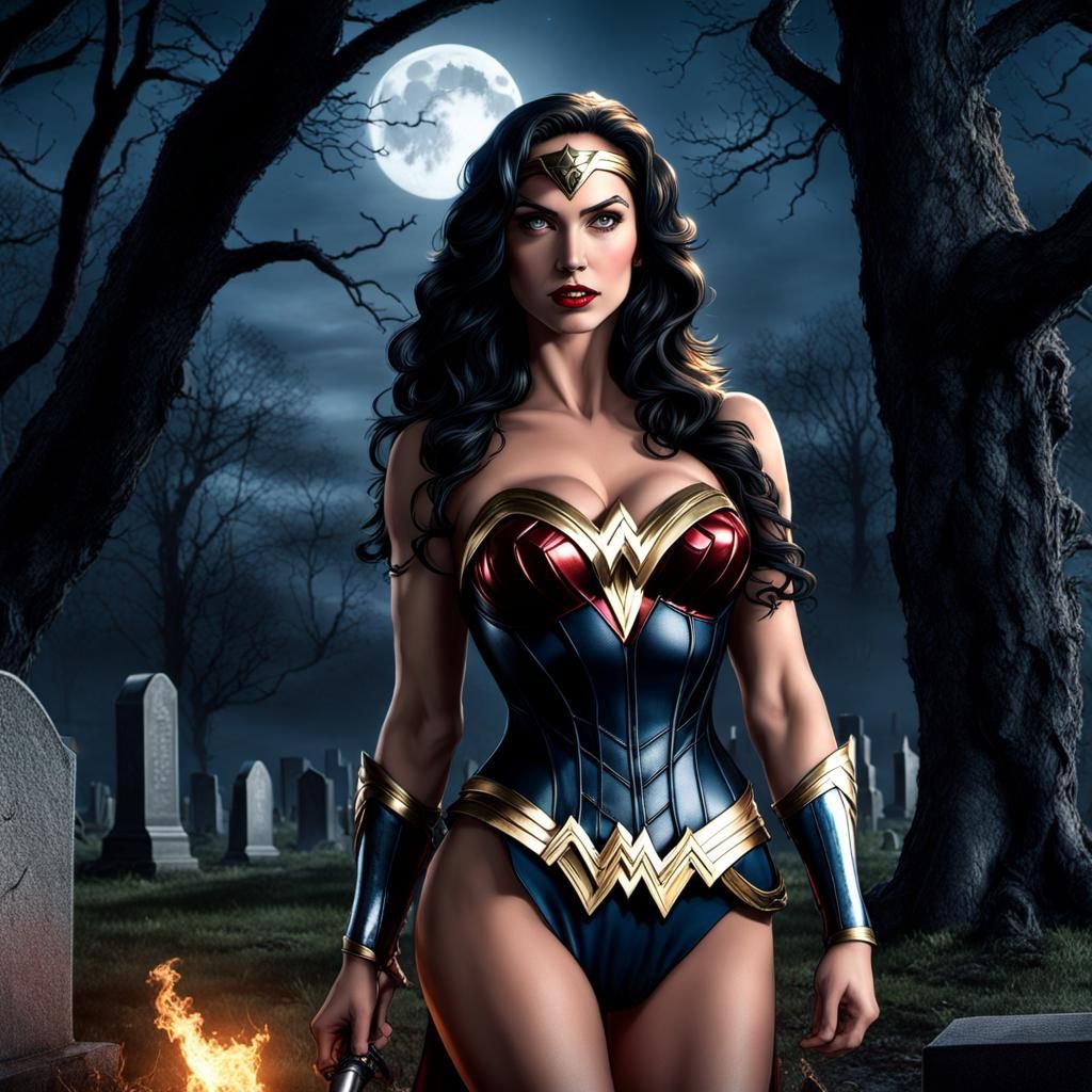 Gothic Woman with Severed Head in Graveyard