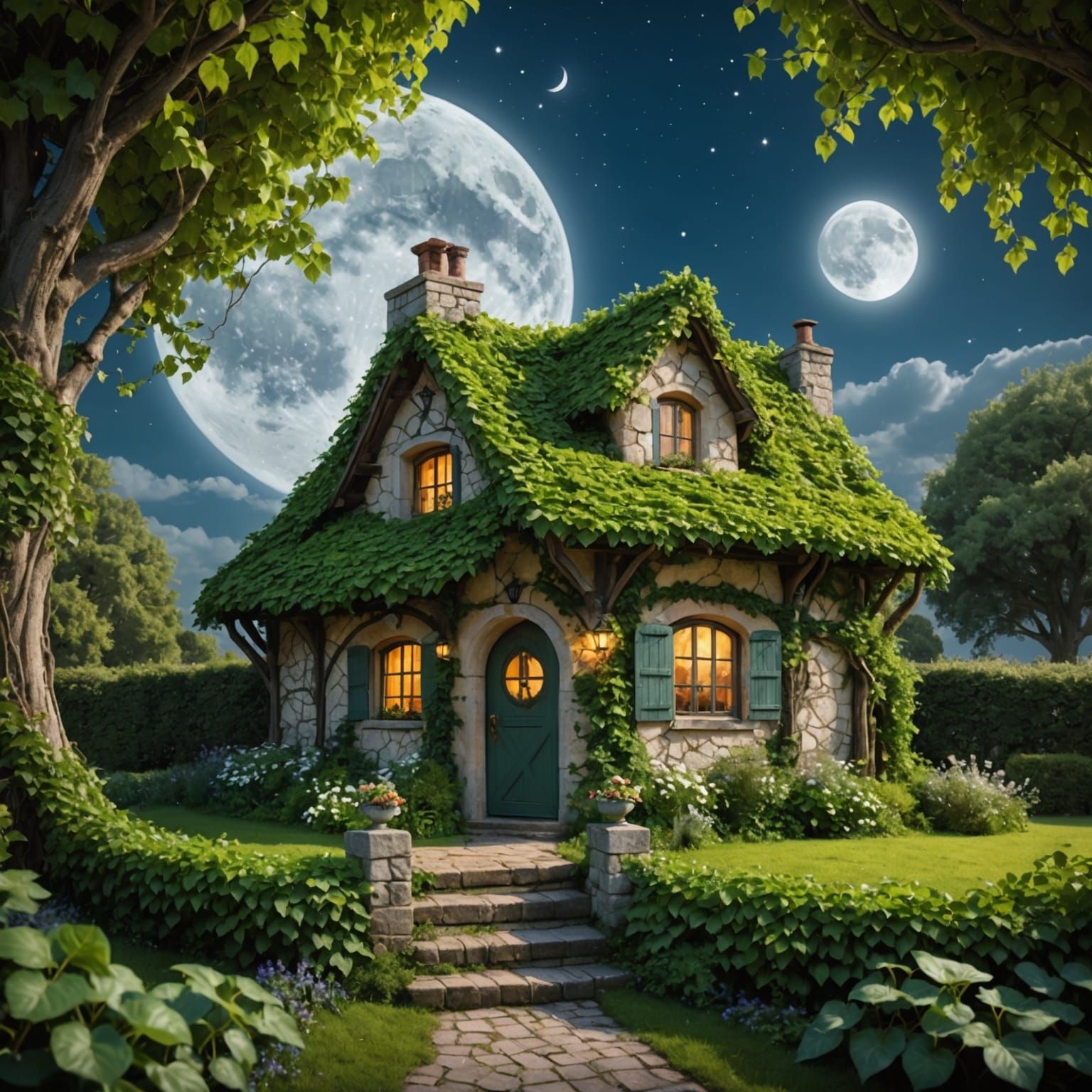 Ivy-covered Cottage Under Moonlight