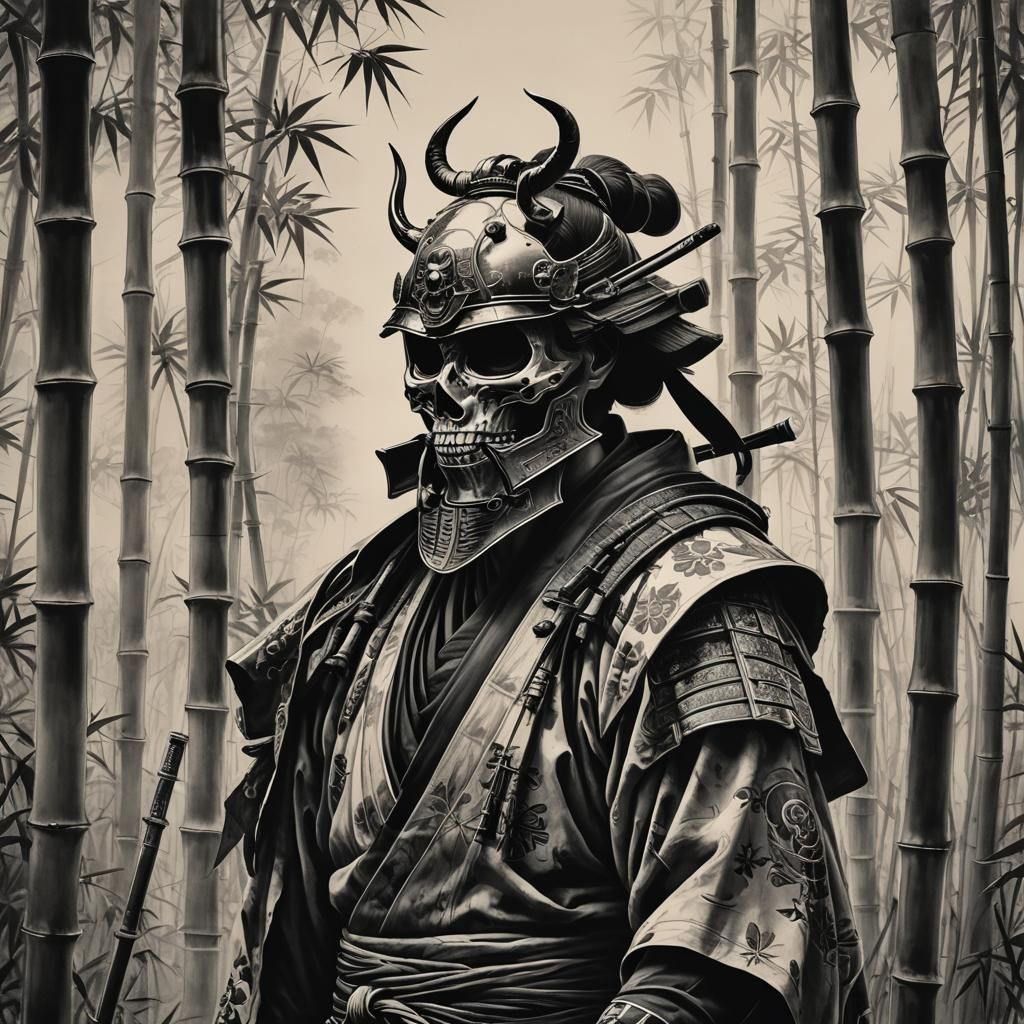 Samurai, Geisha, and Skull in Japanese Charcoal Art