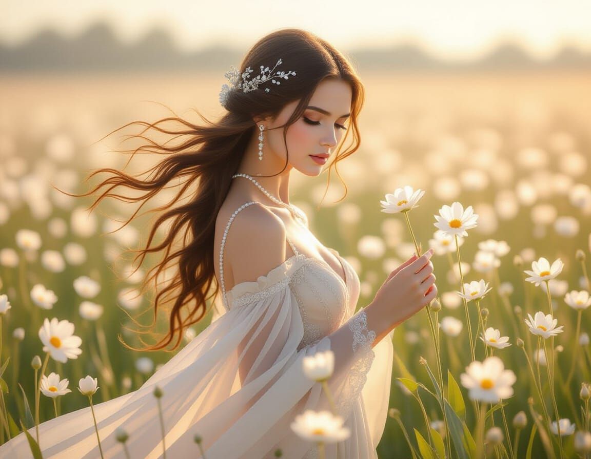 Ethereal Woman in Luminous Flower Field, Art Nouveau