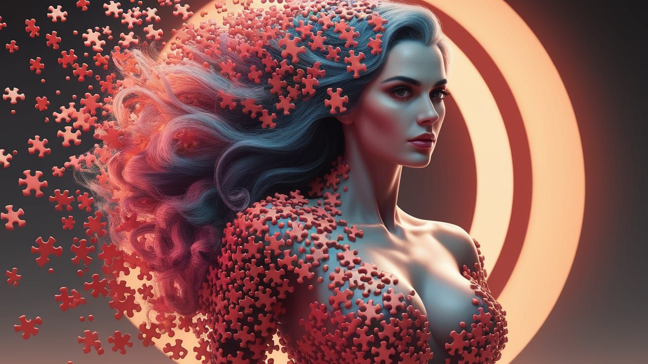 Ethereal Goddess Disintegrates into Vibrant Puzzle Pieces