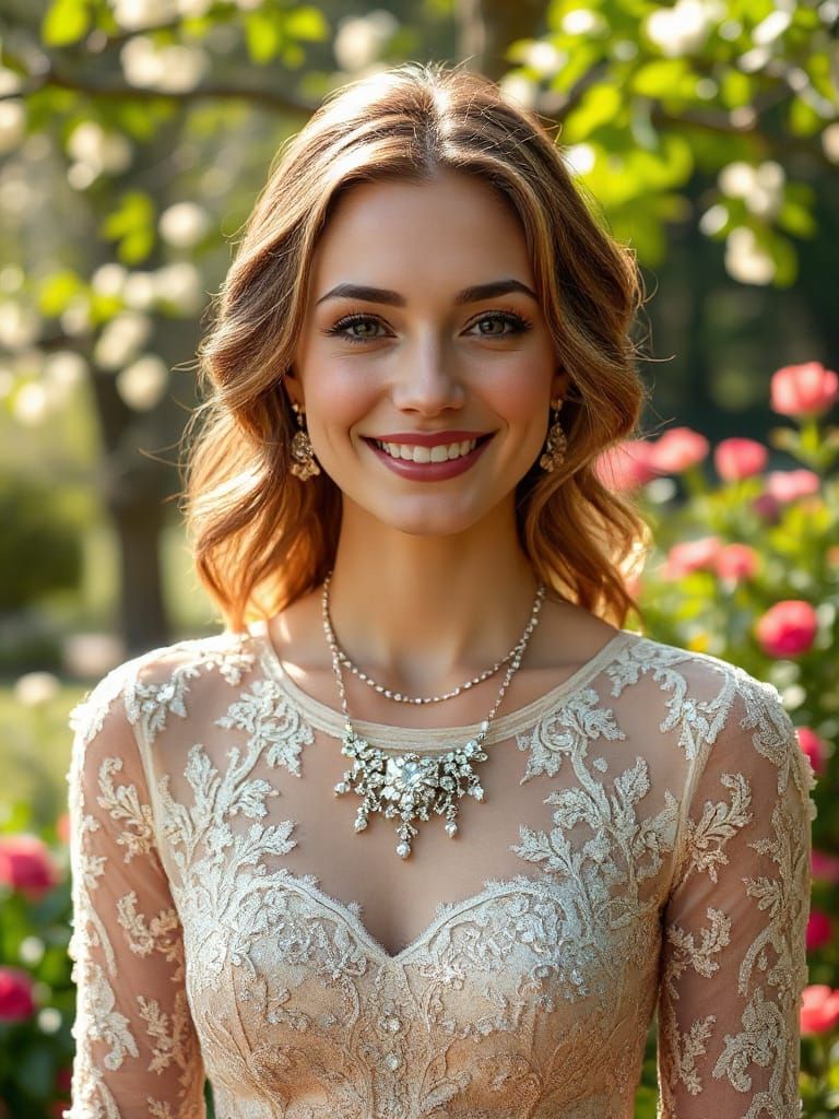 Elegant Woman in Spring Garden, Hyper-Realistic Portrait