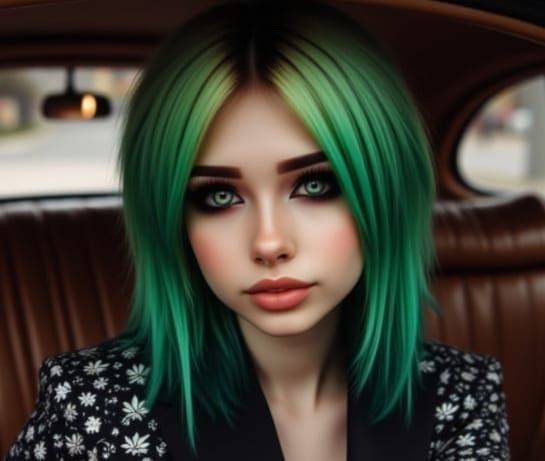 Victorian Woman In Vintage Coupe With Neon Green Hair
