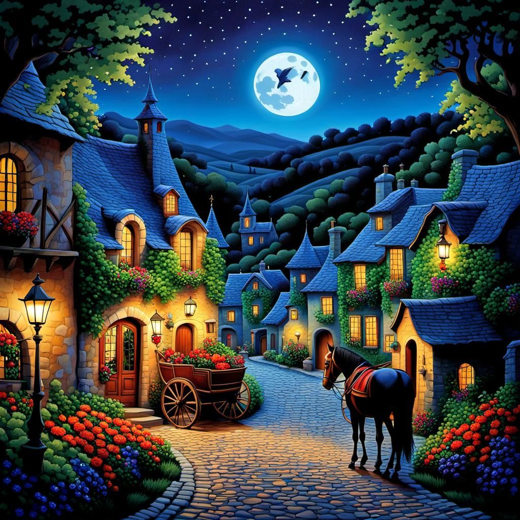 Enchanted French Village in Folk Art Style