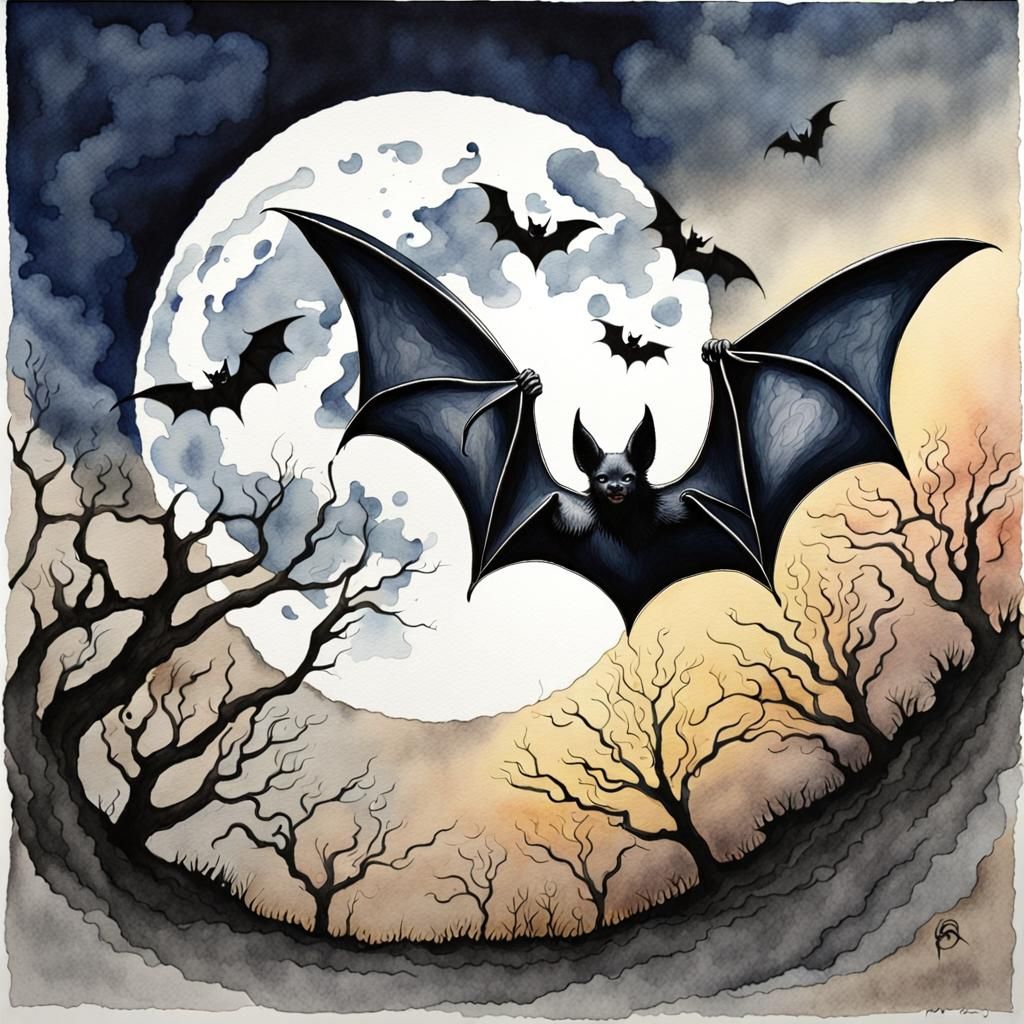 Sinister Bats Flying Under Full Moon in Watercolour