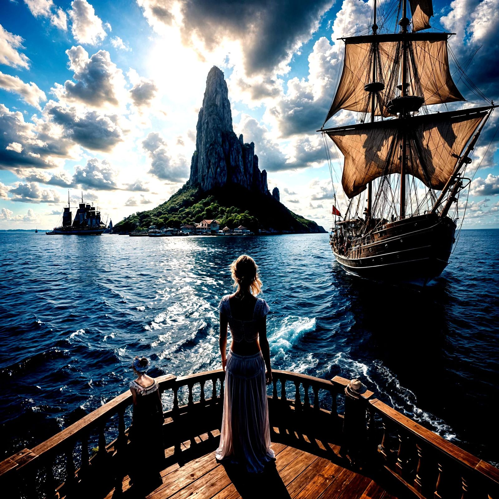 Woman on Tall Ship Watches Island Sail Away