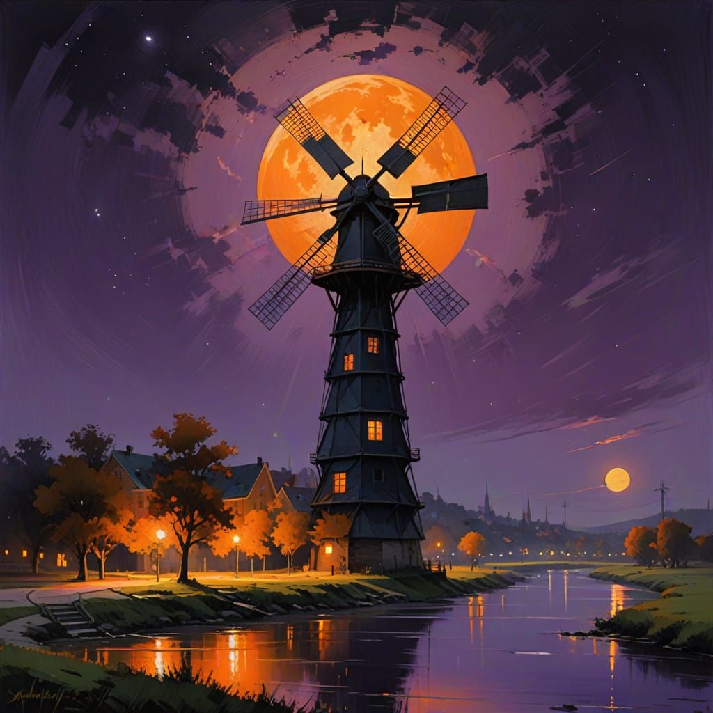 "A Windmill" glowing Orange Windmill on the purple riverbank...