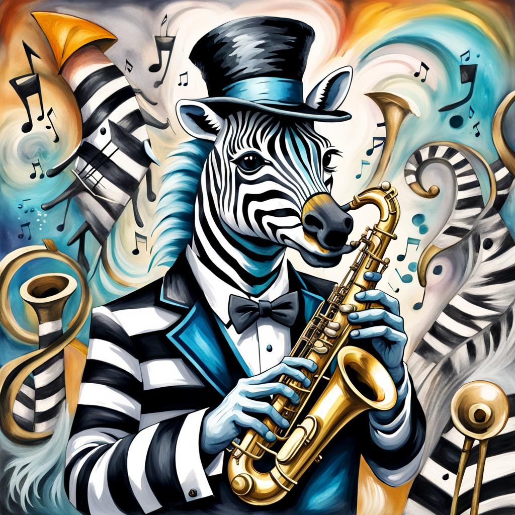 Surreal Jazz Scene with Zebra in Watercolor Style