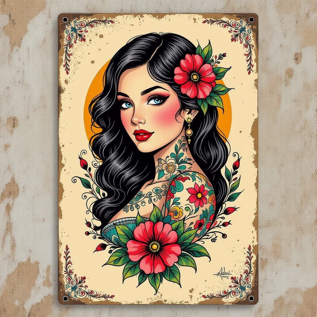 Vibrant Tattoos on Vintage Poster in Whimsical Style