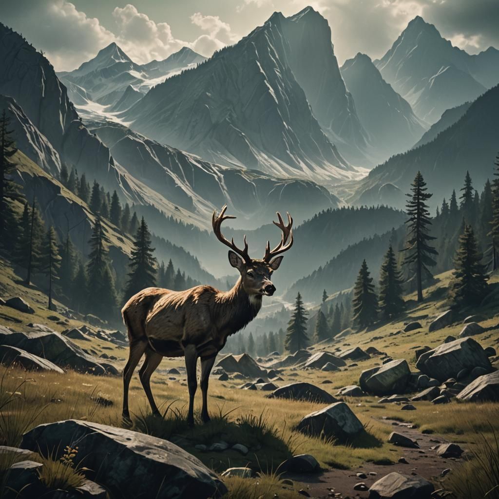 Deer and Mountains in Post-Apocalyptic Setting