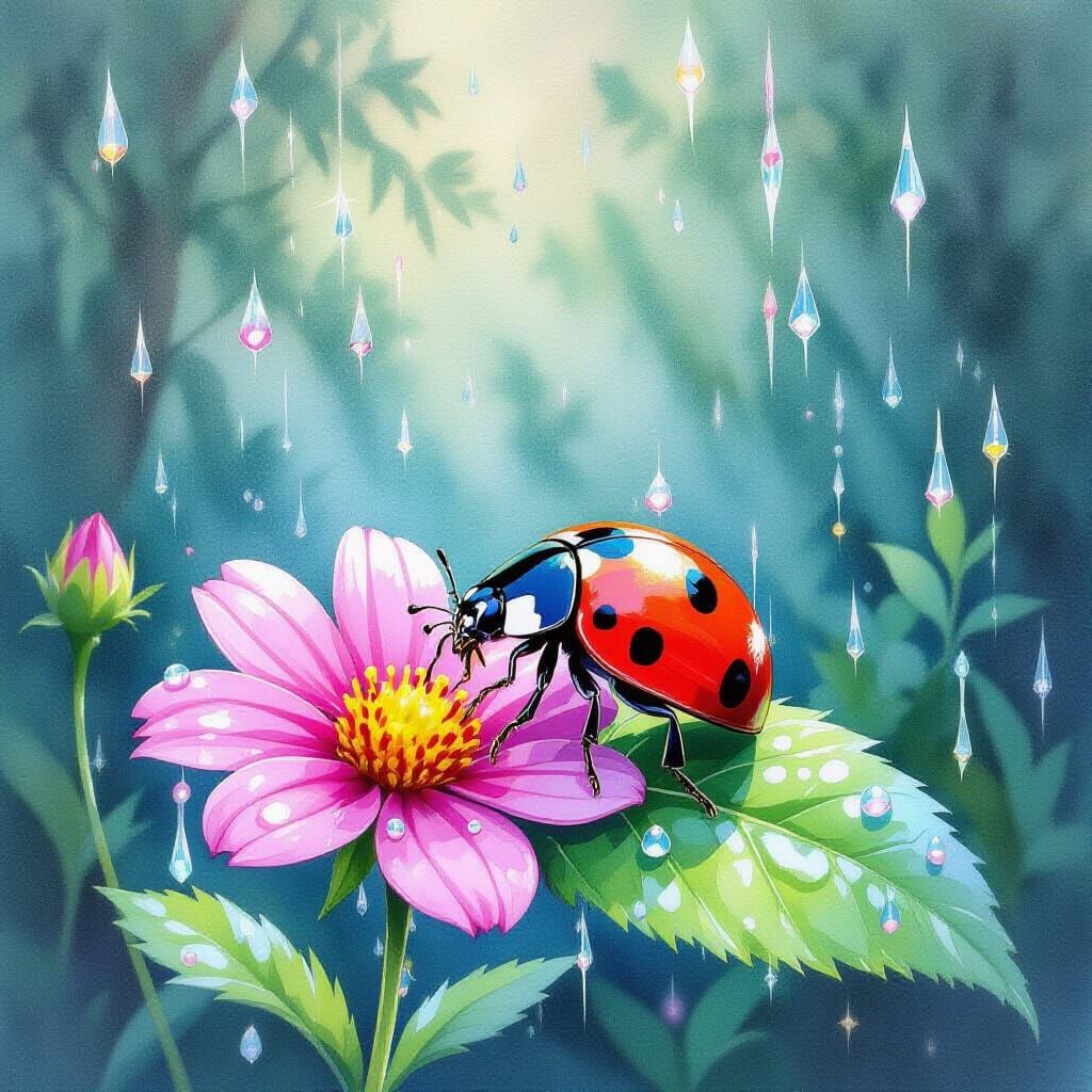 Vibrant Watercolor Ladybug in Crystal Rain Forest
