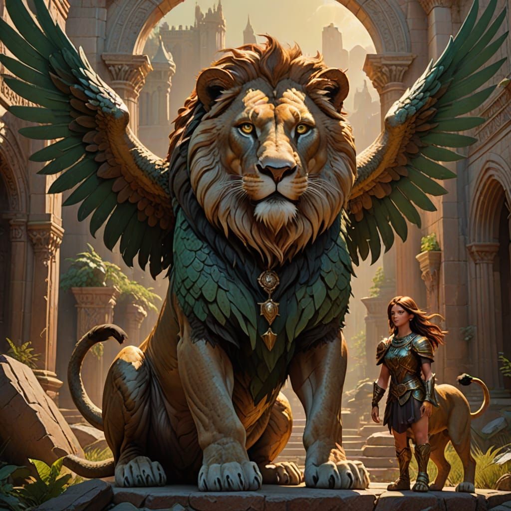 Ethereal Fantasy Goddess Stands with Lion in Earthy, Angelic...