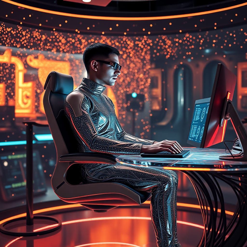 Futuristic Human Working on Holographic Computer