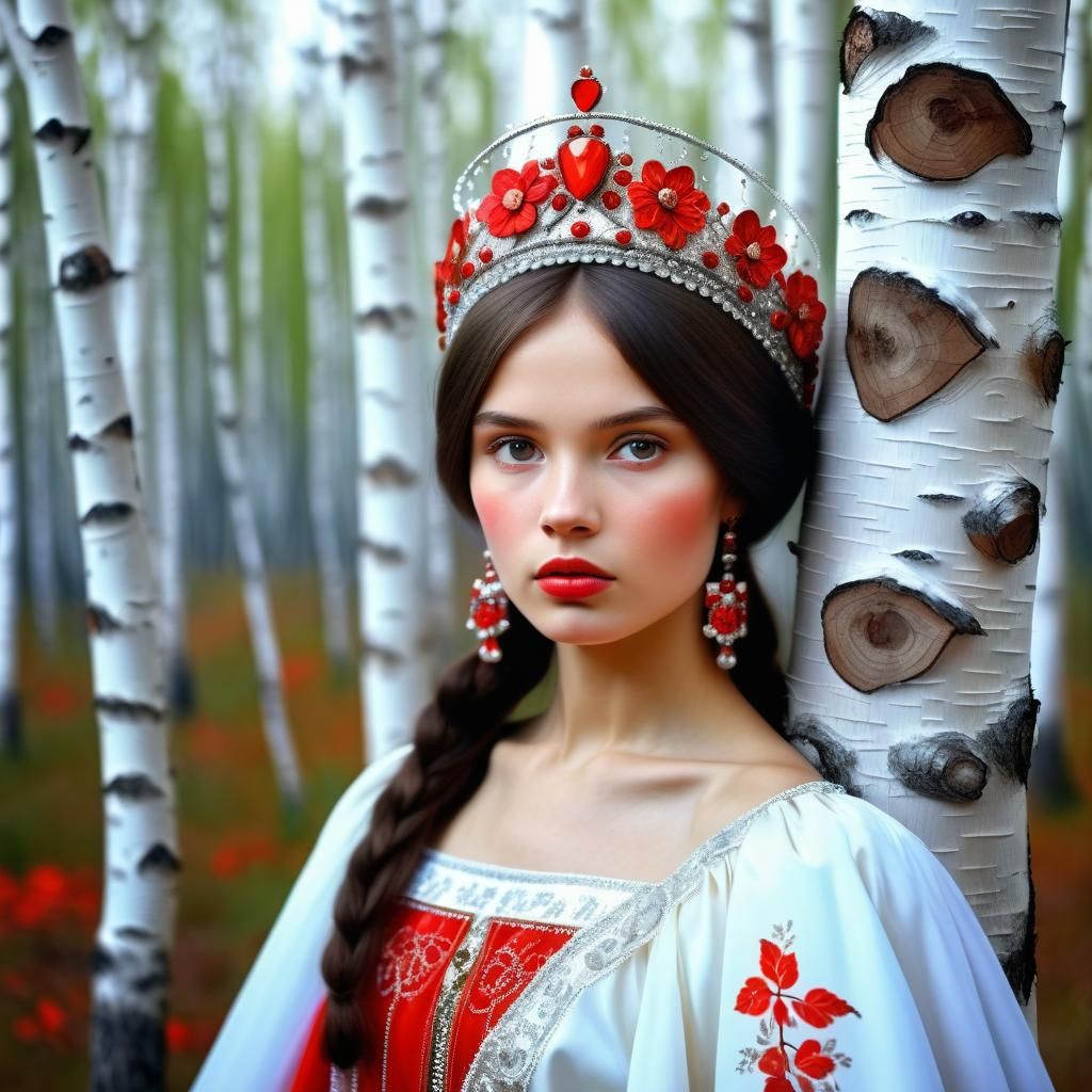 Brunette Princess with Kokoshnik in Birch Forest